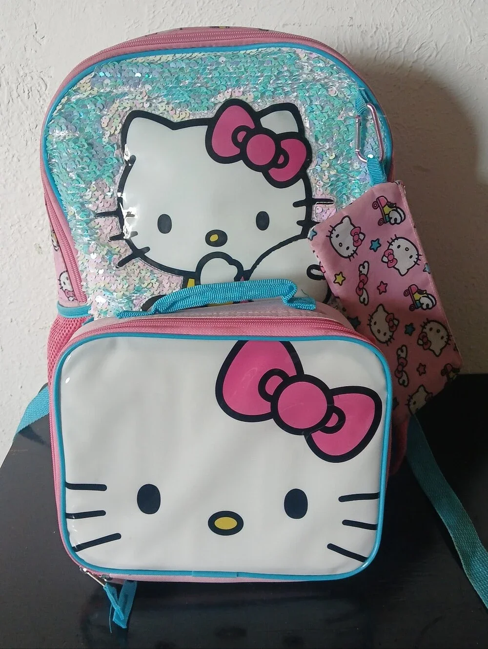 Hello Kitty Pink & Turquoise Kids Backpack with Lunch Bag & Pencil Bag